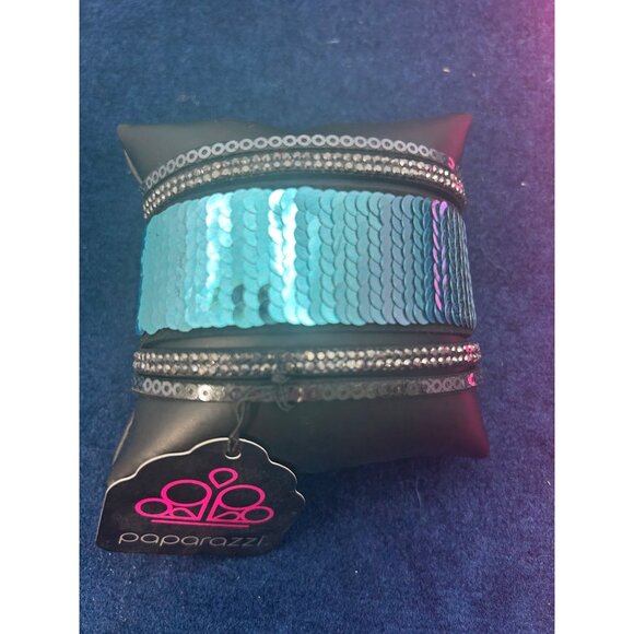 Paparazzi Snap Closure Mermaid Sequin Cuff Bracelet Black Faux Leather & Blue Sh - Picture 1 of 6